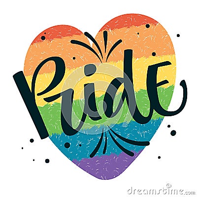 Gay Pride text Pride with splashes and dots decor on colorful gay rainbow heart background Vector Illustration