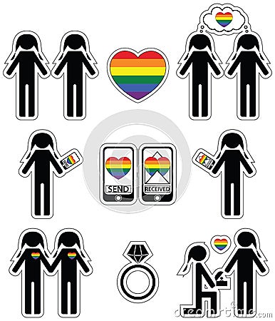 Gay women falling in love and engagement icons set with rainbow element Vector Illustration