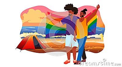 gays holding lgbt rainbow flag pride festival transgender love generation Z concept horizontal Vector Illustration