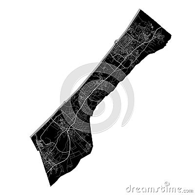 Gaza Strip map. Detailed black map of Gaza Strip poster with streets, land vector Stock Photo