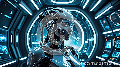 The Algorithm of Longing: A Cybernetic Portrait in Azure, Echoing Human Emotion in a Digital Age Stock Photo