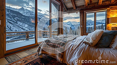 Gaze out at the majestic mountains while snuggled under the softest blankets drifting off to sleep in an alpine hideaway Stock Photo