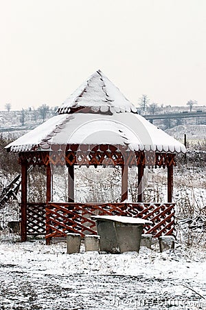  A gazebo covered with snow Stock Photo