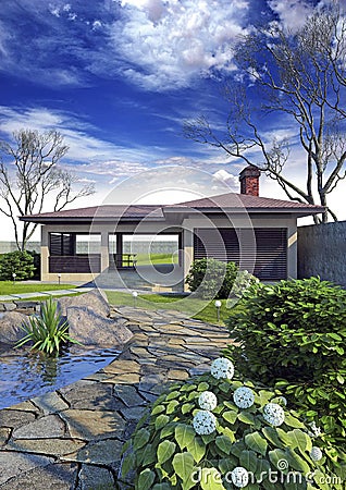 Gazebo in landscaped garden Stock Photo