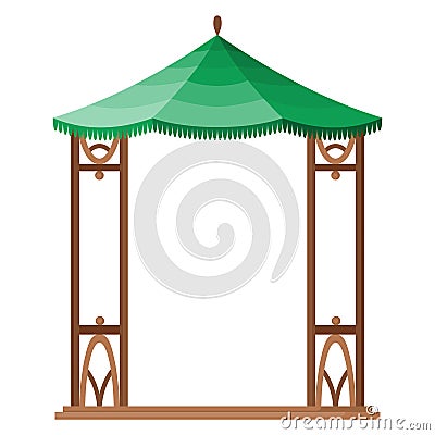 Gazebos pergola style. Architecture wooden bower flat cartoon icon. Pavilion structure, city park or gardens area Vector Illustration
