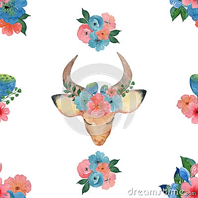 Gazelle flower pattern on a white background Cartoon Illustration