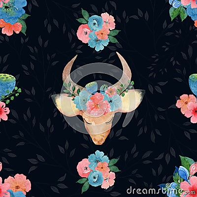 Gazelle flower pattern on a dark background Cartoon Illustration