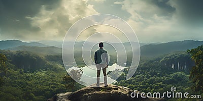 Gazing at Horizons, Man Achieving Great Heights, Perfect for Motivation Stock Photo