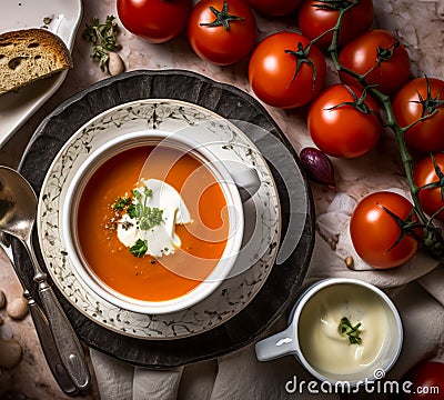 Gazpacho tomato soup in a bowl with cream in a country style, flatlay of a serving and products for the recipe, comfort Stock Photo