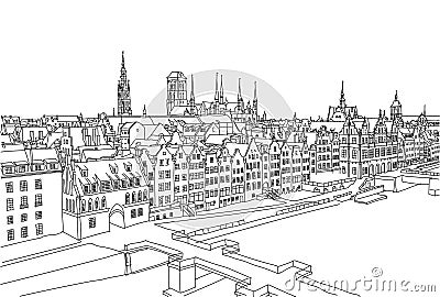 Gdansk city landscape. Hand drawned vector background. Black and white line art. Vector Illustration