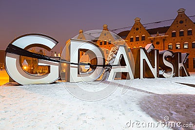 Gdansk city outdoor sign at snowy winter, Poland Stock Photo