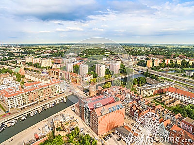 Gdansk - cityscape of the bird`s eye view. New Motlawa and StÄ…giewna gate and buildings of Granary Island. Stock Photo