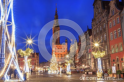 Gdansk New Year Square with Christmas tree and town hall at sunrise Stock Photo