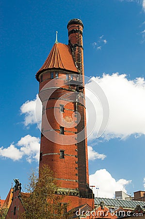 Gdansk, Poland - April 11, 2017: Brick chimney of faculty of Mechanical Engineering Building Machine Laboratory at Gdansk Universi Editorial Stock Photo