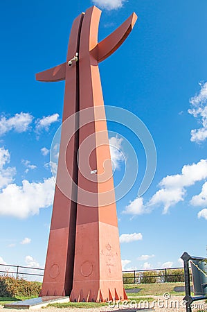 Gdansk, Poland - April 18, 2017: Devastated Millennium Cross by inscription Lviv belong to Ukraine on Gradowa hill at Gdansk. Editorial Stock Photo