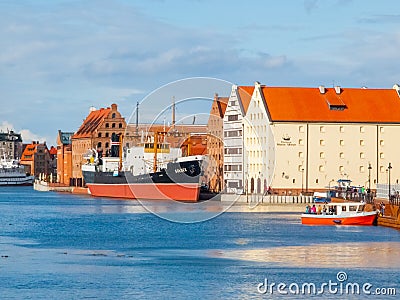 GDANSK, POLAND - AUGUST 25, 2014: SS Soldek ship - polish coal and ore freighter. On Motlawa River at National Maritime Editorial Stock Photo