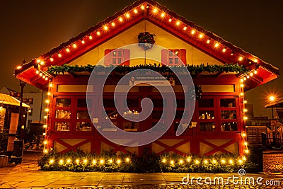 Gdansk Poland - December 2022 Traditional Christmas Market Holiday Decorated and illuminated street at night. Closed Editorial Stock Photo