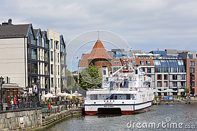 Long Embankment street; boulevards on the MotÅ‚awa River; port for tourist ships, Gdansk, Poland Editorial Stock Photo