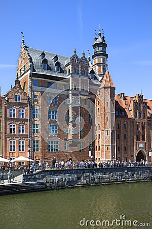 Long Embankment street; boulevards on the Motlawa River; port for tourist ships, Gdansk, Poland Editorial Stock Photo