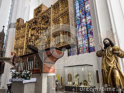 Gdansk, Poland, May 15, 2022: Interior of St. Mary`s Basilica in Gdansk, Poland. Main altar: Coronation of the Blessed Virgin Mar Editorial Stock Photo