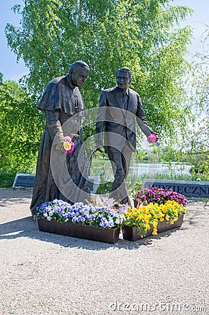 Gdansk, Poland - May 22, 2017: Monument of Pope John Paul II and President Ronald Regan at Ronald Regan Park in Gdansk-Przymorze. Editorial Stock Photo