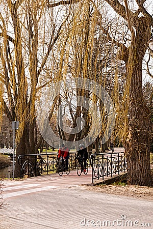 Gdansk Poland May 2022 People ride bicycles in the park. Sport Recreation On Bicycle People walking slowly relax in the Editorial Stock Photo
