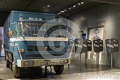 Communist milicja (police) car and shields in European Solidarity Centre in Gdansk, Poland Editorial Stock Photo