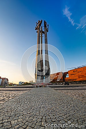 Beautiful and high monument to the Fallen Shipyard Workers 1970 standing in front of European Editorial Stock Photo