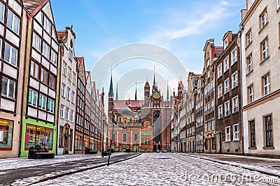 Gdansk street and the Royal chapel view in winter, Poland Stock Photo