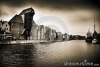 Gdansk waterfront with old fashioned sepia treatment Editorial Stock Photo