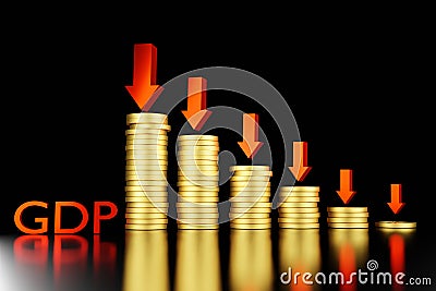 GDP red Arrow go down with stacks of gold coins. The value decreases concept .3d rendering Stock Photo