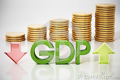 GDP word rising and falling arrows and coins. Gross domestic product concept. 3D illustration Cartoon Illustration