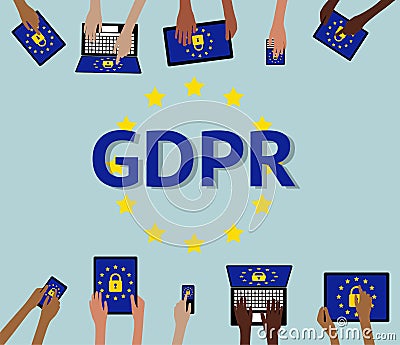 GDPR General data protection BYOD Hands holding Computer device Vector Illustration