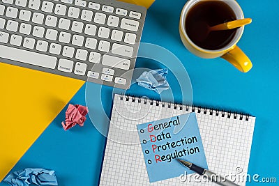 GDPR or General Data Protection Regulation. A note at office workplace background Stock Photo