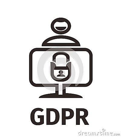 GDPR - General Data Protection Regulation. Personsl data. Schematic image. A man sits at the computer and rejoices. Lock Vector Illustration