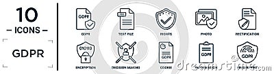 gdpr linear icon set. includes thin line gdpr, rights, rectification, decision making, information, fingerprint, encryption icons Vector Illustration