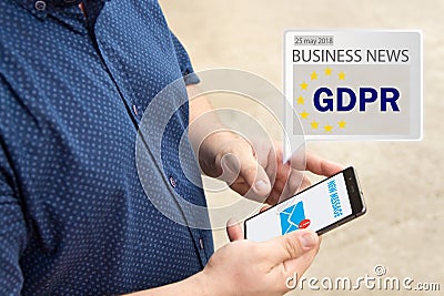 GDPR Message received an e-mail online on a mobile phone. Sending Message online . Stock Photo