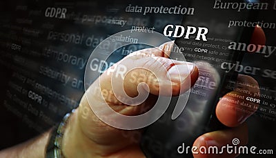 GDPR privacy data protection news titles on screen in hand 3d illustration Cartoon Illustration