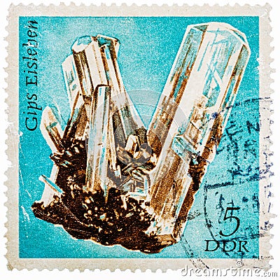 Stamp printed in German Democratic Republic East Germany shows semiprecious stone Gyps Editorial Stock Photo