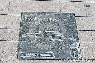 Plaque of Emerald Princess at Passenger Ships Alley visiting Gdynia Editorial Stock Photo