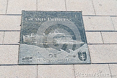 Plaque of Grand Princess at Passenger Ships Alley visiting Gdynia Editorial Stock Photo