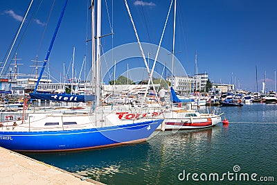 Gdynia, Poland - June 8, 2019: Marina at Baltic Sea with yachts in Gdynia, Poland. Gdynia is an important seaport of Baltic Sea in Editorial Stock Photo