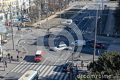 Gdynia, Pomorskie / Poland - February, 26, 2019:Crossroads of the main streets in Gdynia. Pedestrian at the pedestrian crossing Editorial Stock Photo