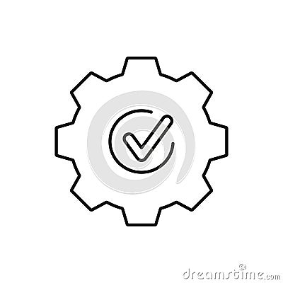 Gear With Checkmark Line Icon. Quality Assurance, System Optimization, And Process Validation Outline Symbol. Efficiency Vector Illustration