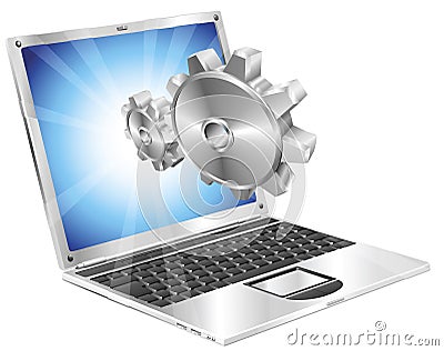 Gear cogs flying out of laptop screen concept Vector Illustration