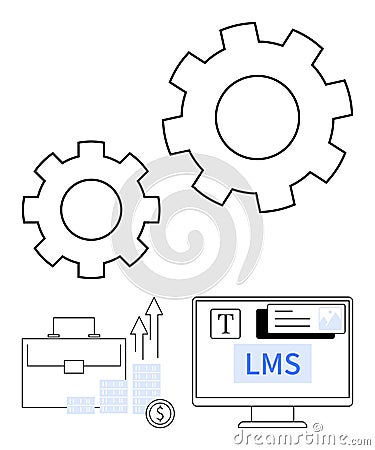 Gear cogs with computer screen displaying text editor, portfolio, growth chart, and dollar symbol Vector Illustration