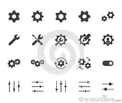 Gear, cogwheel flat icons set. App settings button, slider, wrench tool, fix concept minimal silhouette vector Vector Illustration