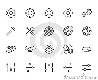 Gear, cogwheel line icons set. App settings button, slider, wrench tool, fix concept minimal vector illustrations Vector Illustration