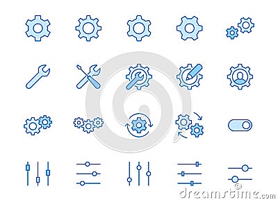 Gear, cogwheel line icons set. App settings button, slider, wrench tool, fix concept minimal vector illustrations Vector Illustration
