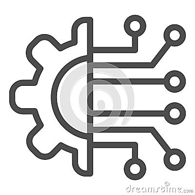 Gear connection line icon. Gear with chip circuit, hardware or software symbol, outline style pictogram on white Vector Illustration